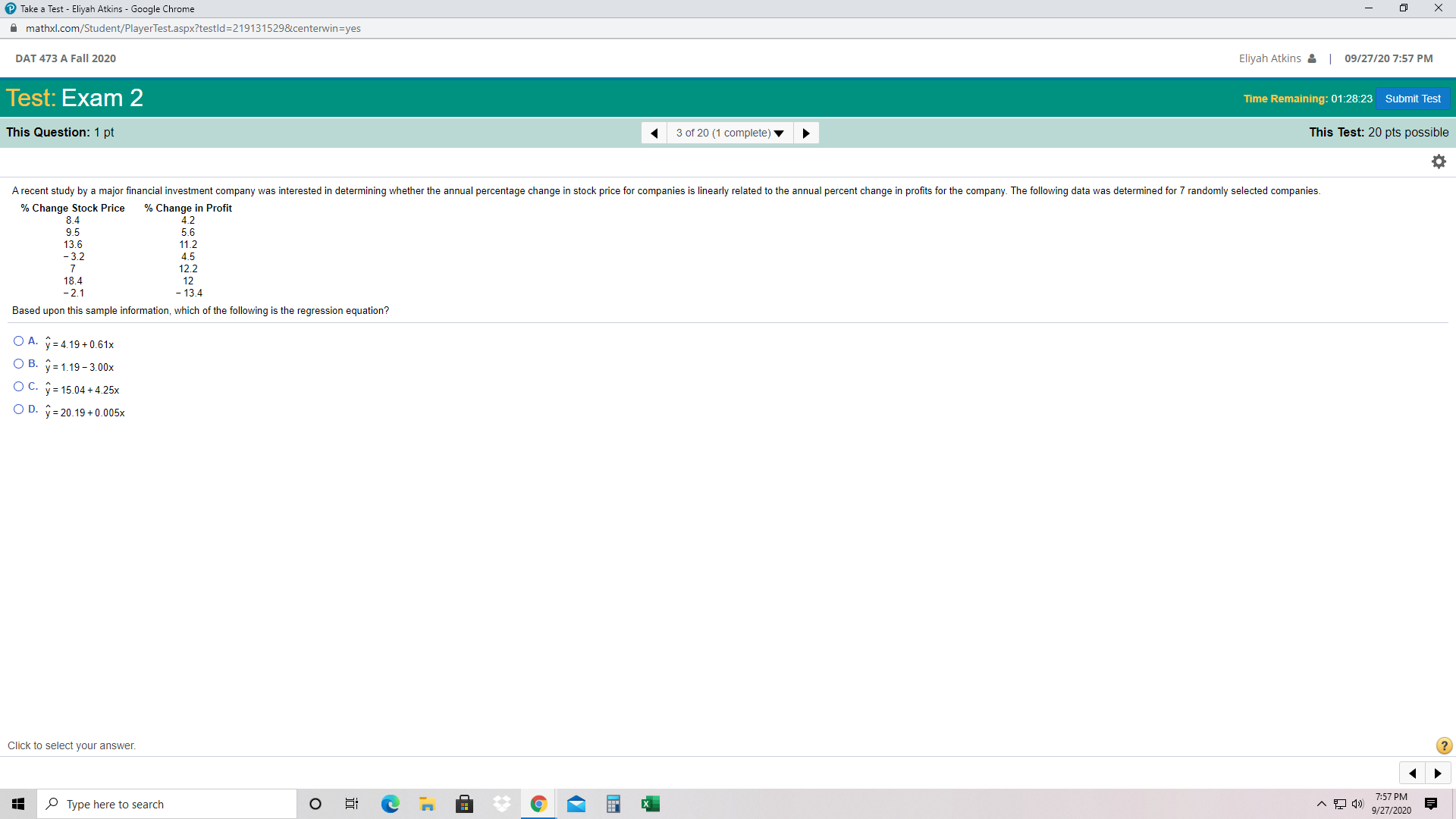 Fall 2020 Eliyah Atkins & | 09/27/20 7:56 PM Test: Exam 2