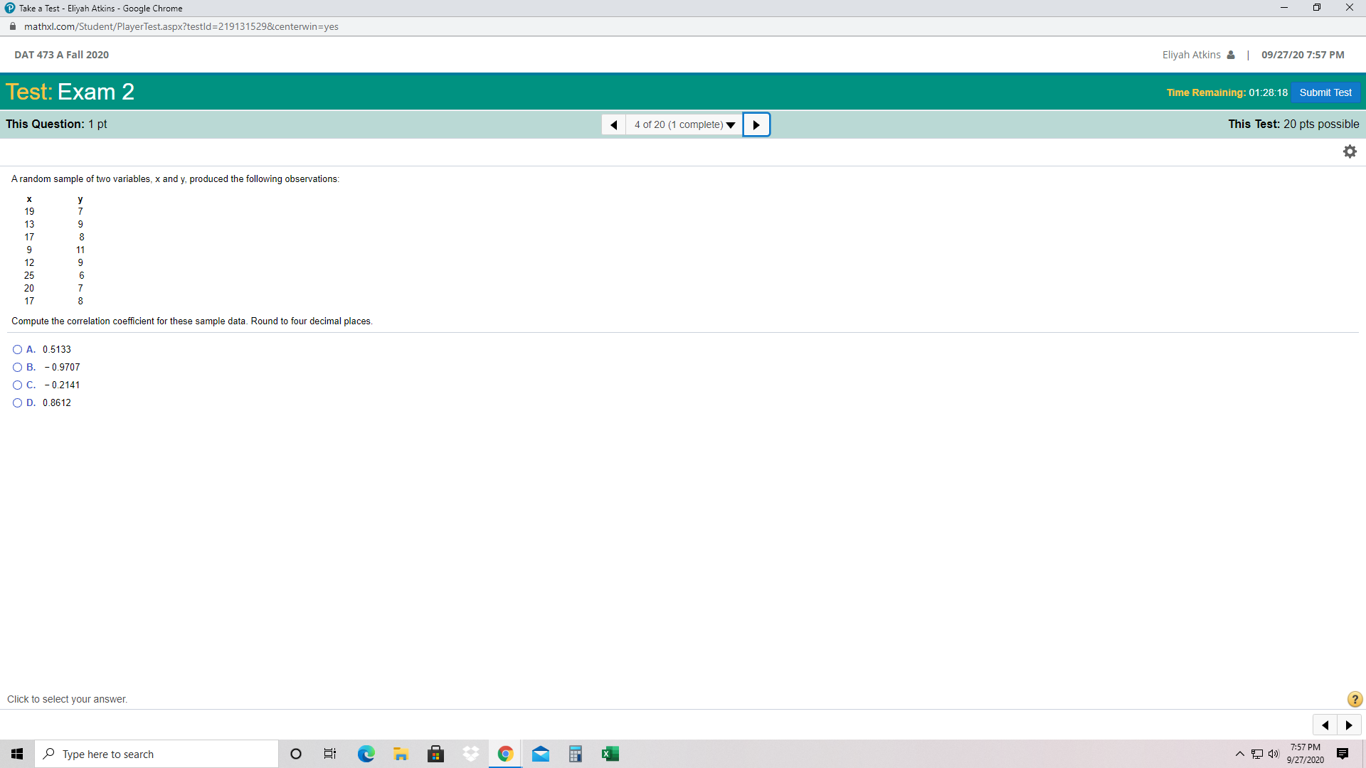 Time Remaining: 01:28:42 Submit Test This Question: 1 pt 1 of 20