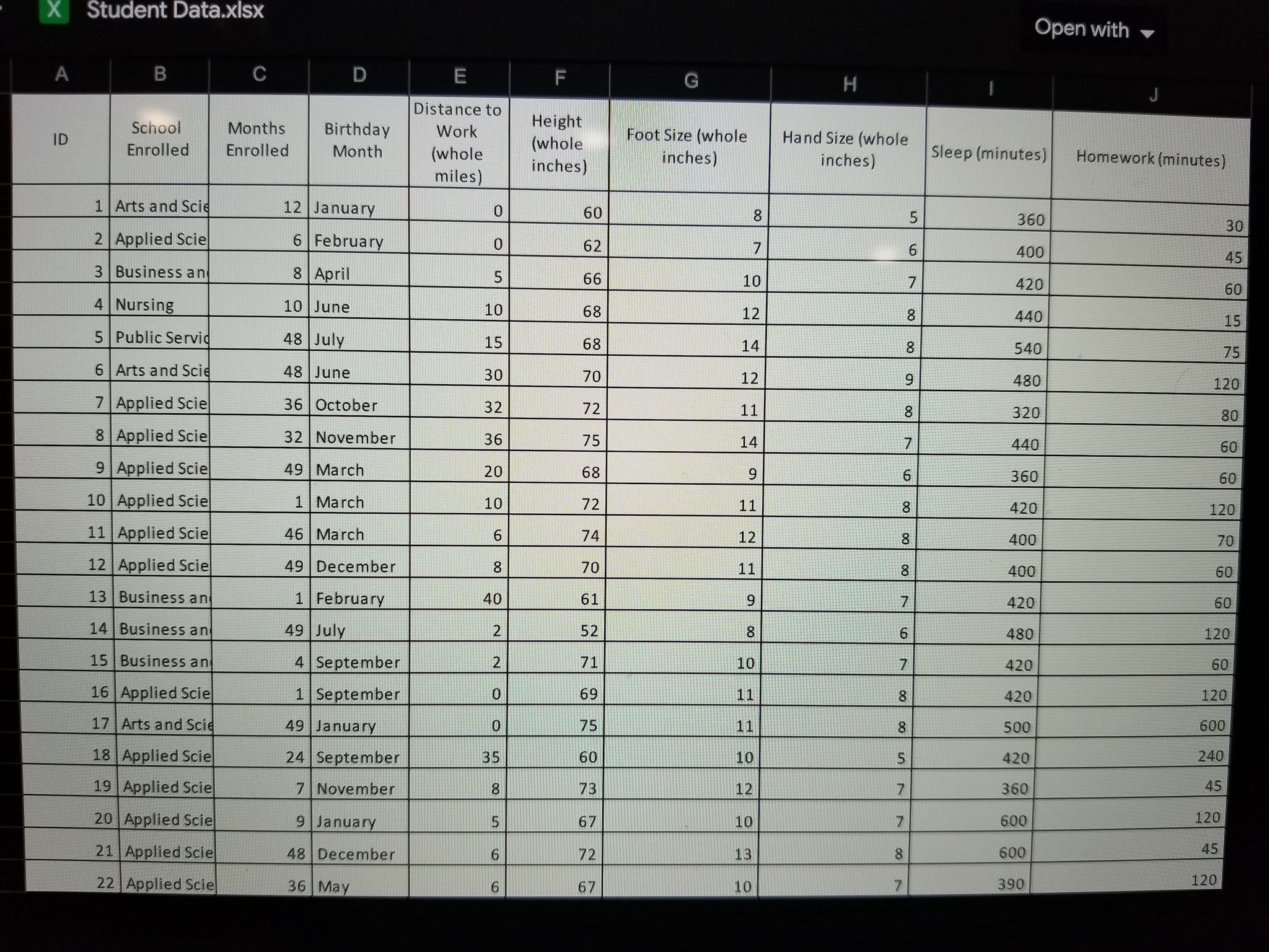 Student Data.xisx Open with A B C D E F G