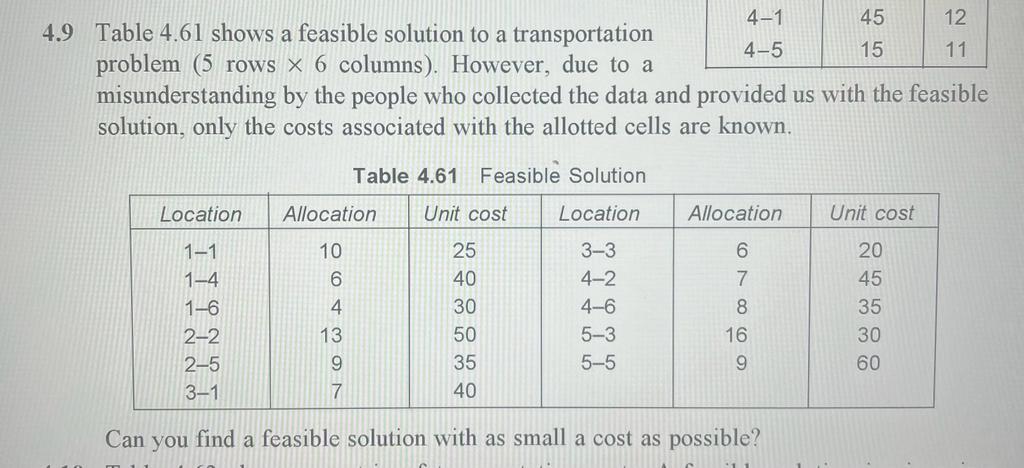  4.9 Table 4.61 shows a feasible solution to a transportation problem