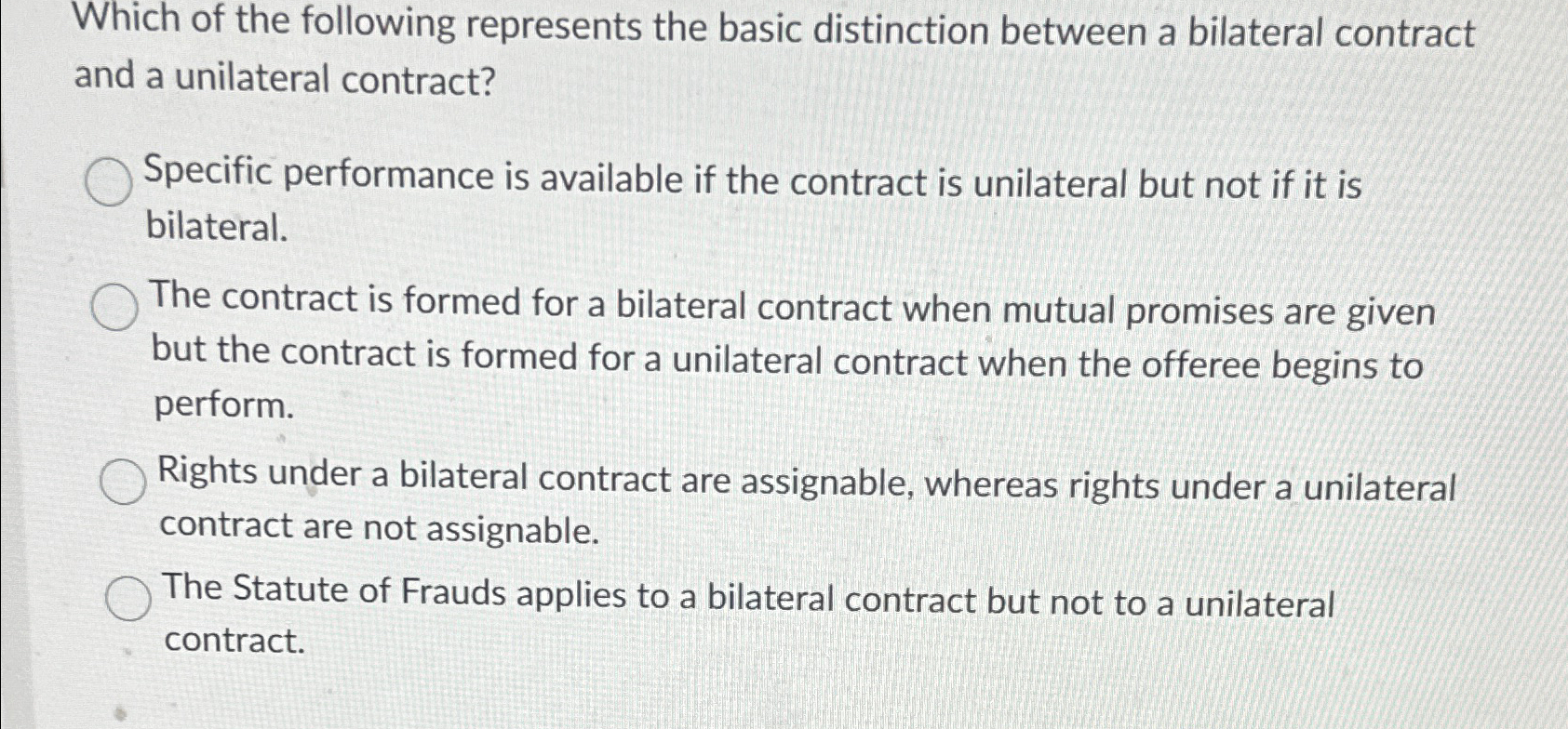  Which of the following represents the basic distinction between a bilateral