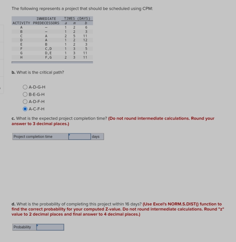 Answer the question in 5 minute The following represents a project that