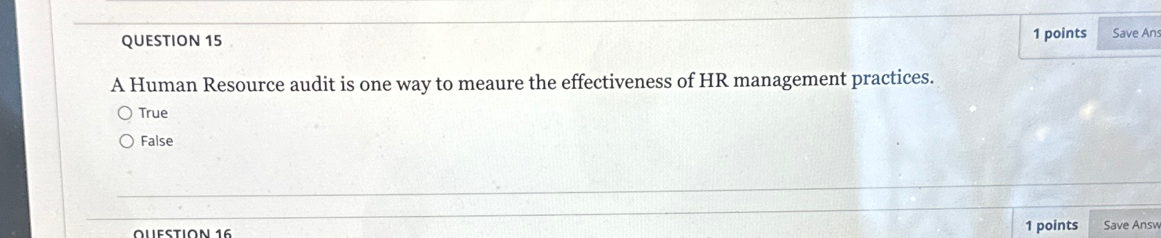  QUESTION 15 1 points A Human Resource audit is one way