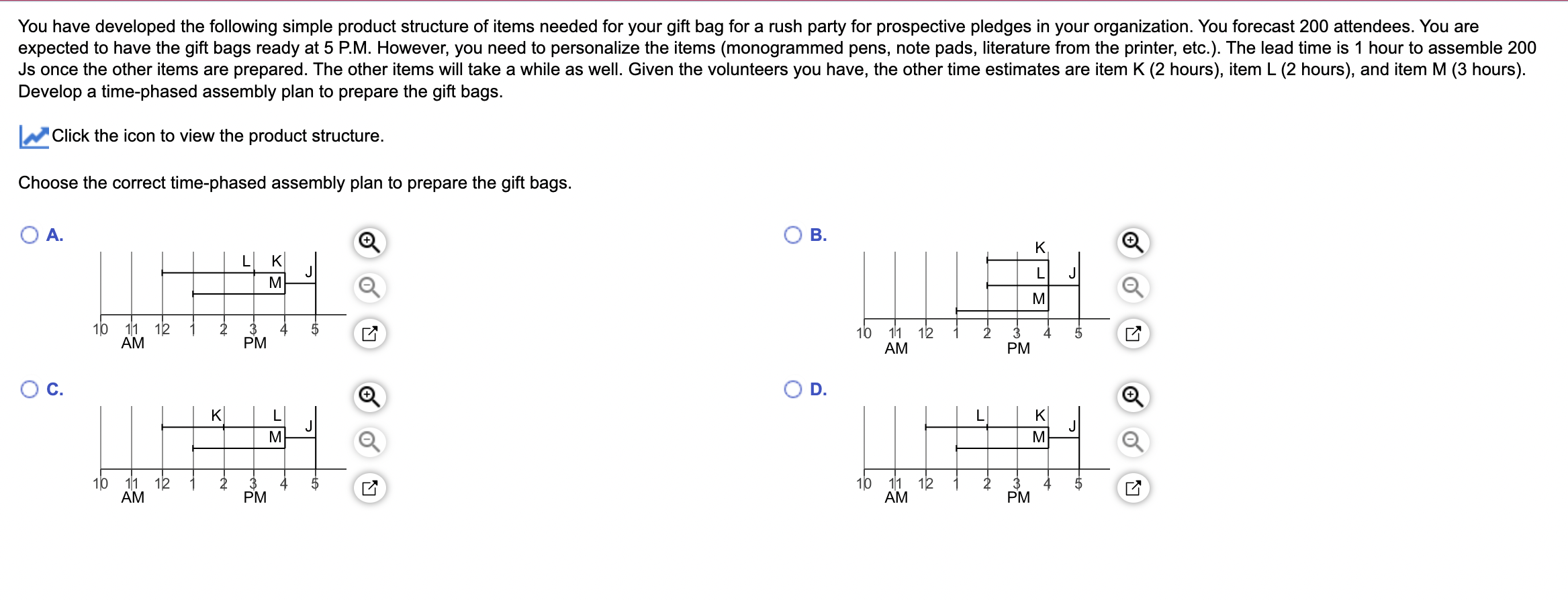  Develop a time-phased assembly plan to prepare the gift bags. Click