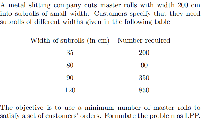  A metal slitting company cuts master rolls with width 200 cm