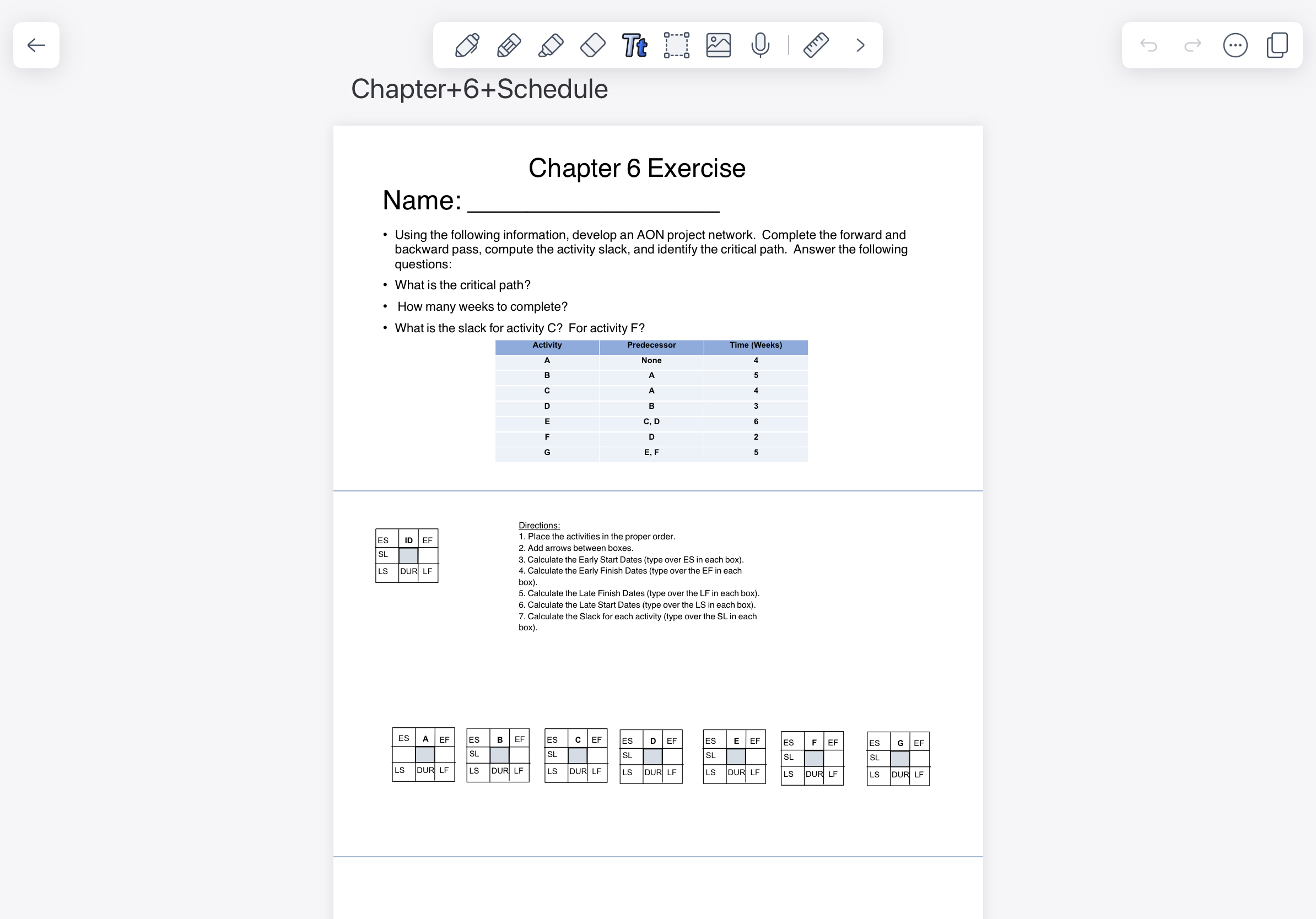  Chapter+6+Schedule Chapter 6 Exercise Name: Using the following information, develop an