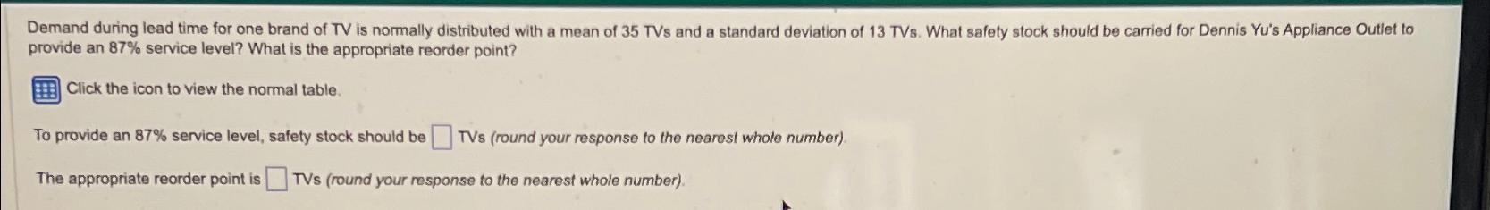  provide an 87% service level? What is the appropriate reorder point?