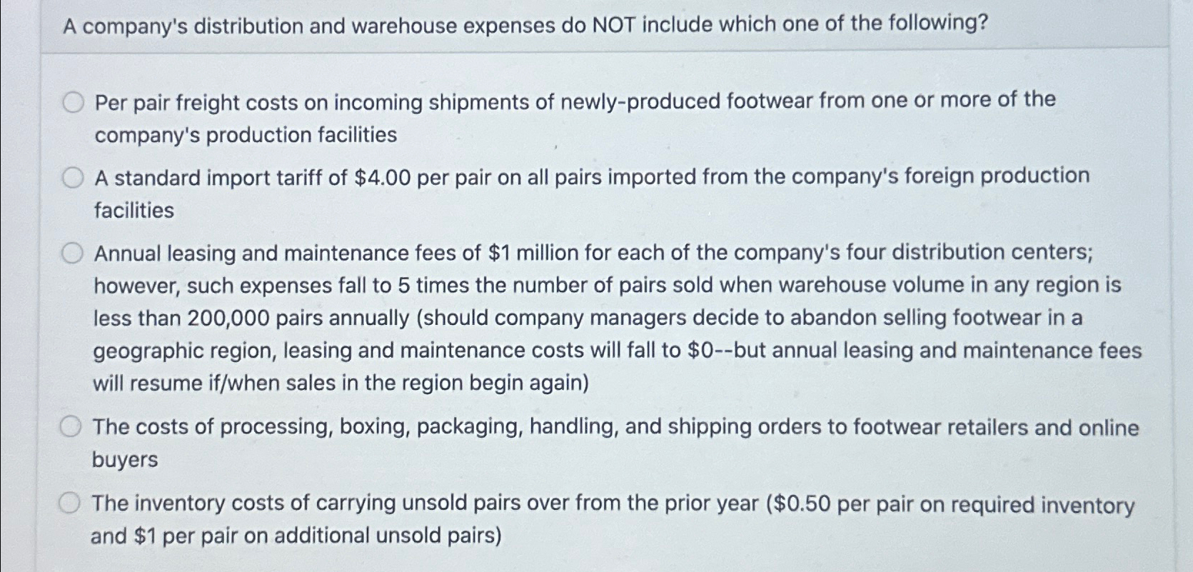  A company's distribution and warehouse expenses do NOT include which one
