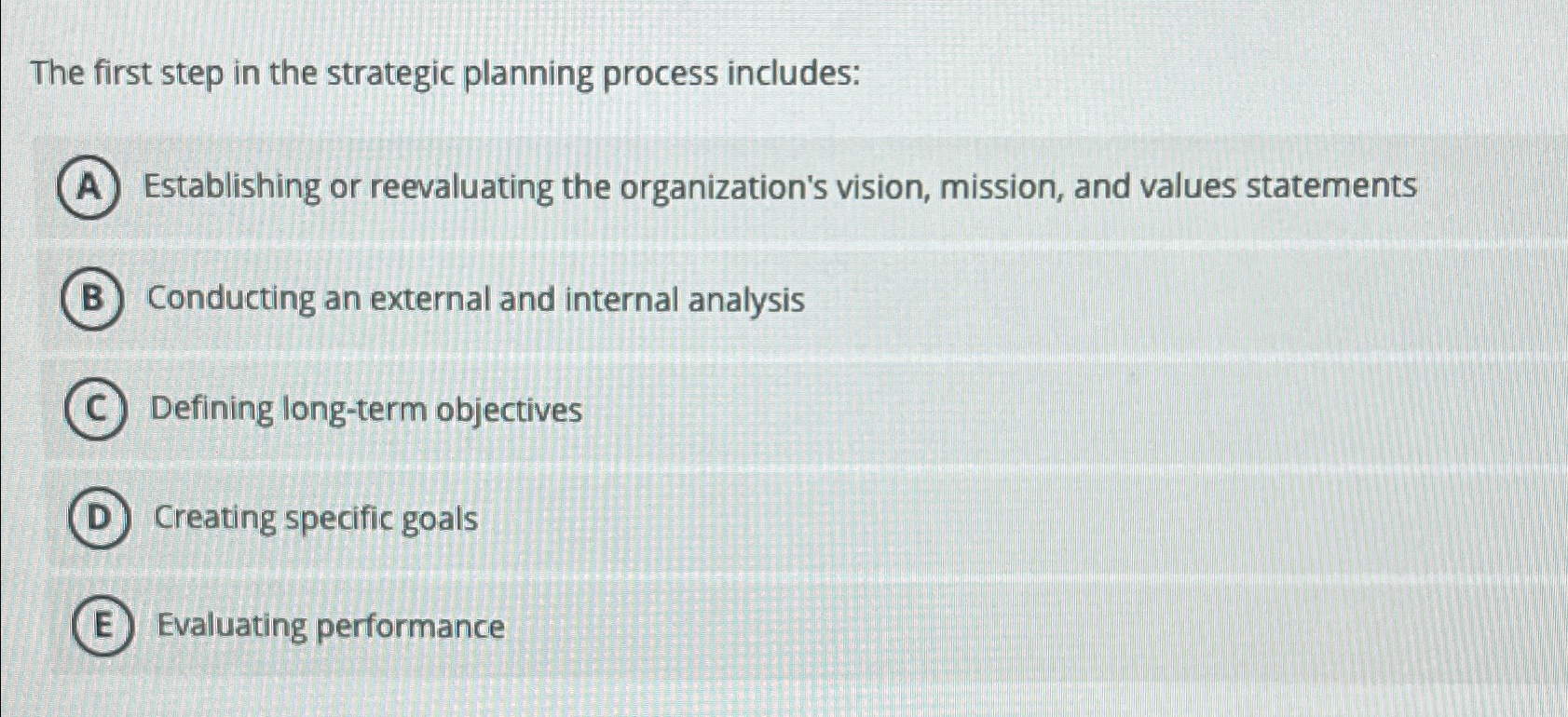  The first step in the strategic planning process includes: Establishing or