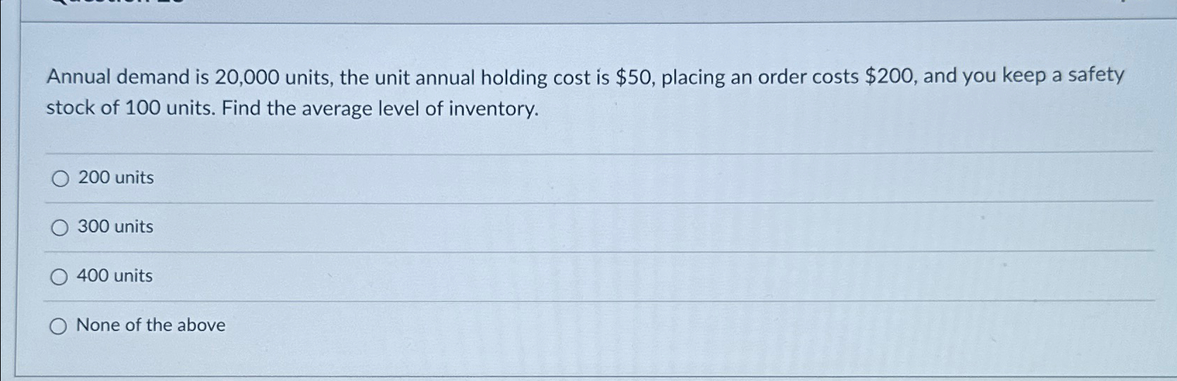  Annual demand is 20,000 units, the unit annual holding cost is