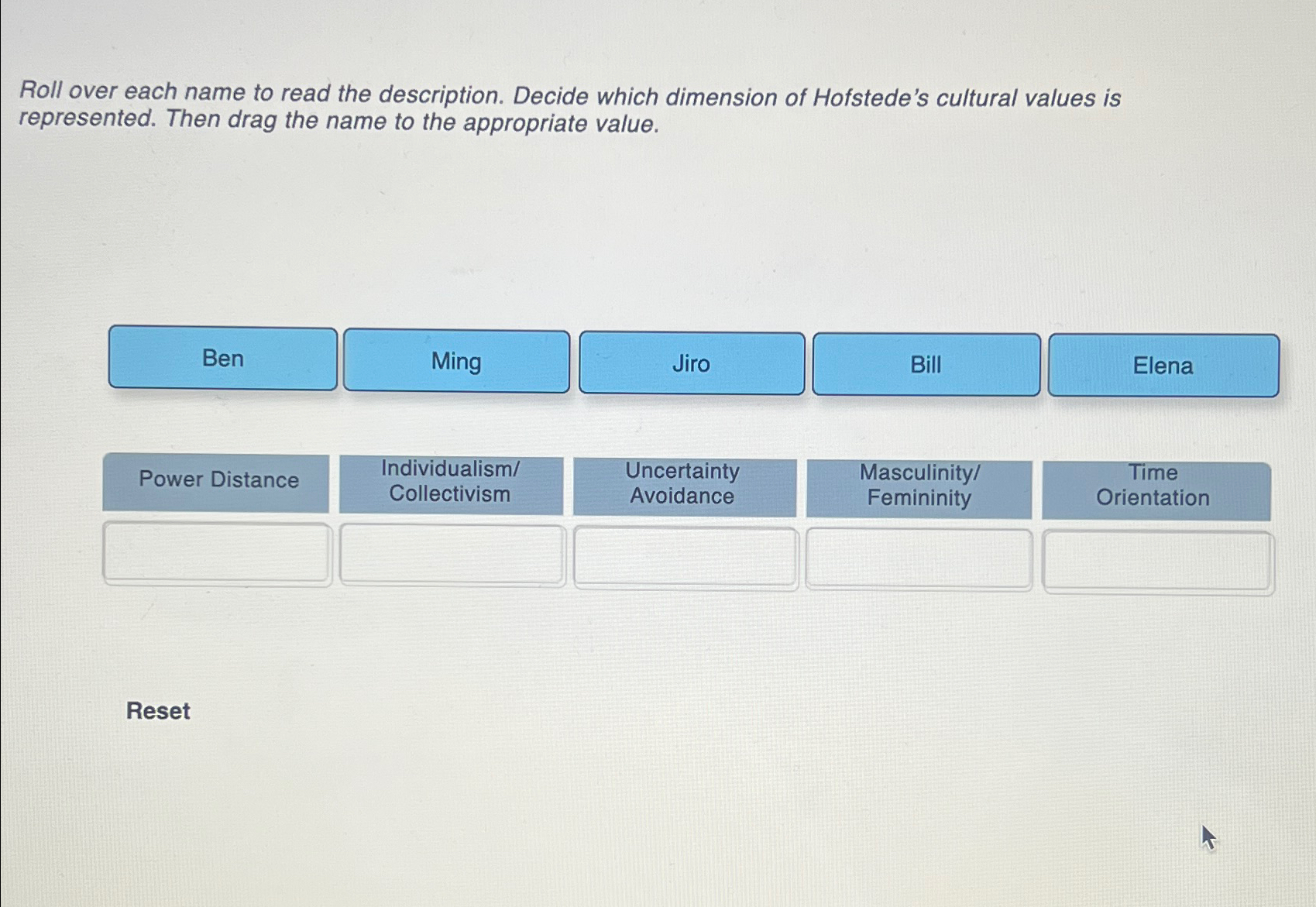  Roll over each name to read the description. Decide which dimension