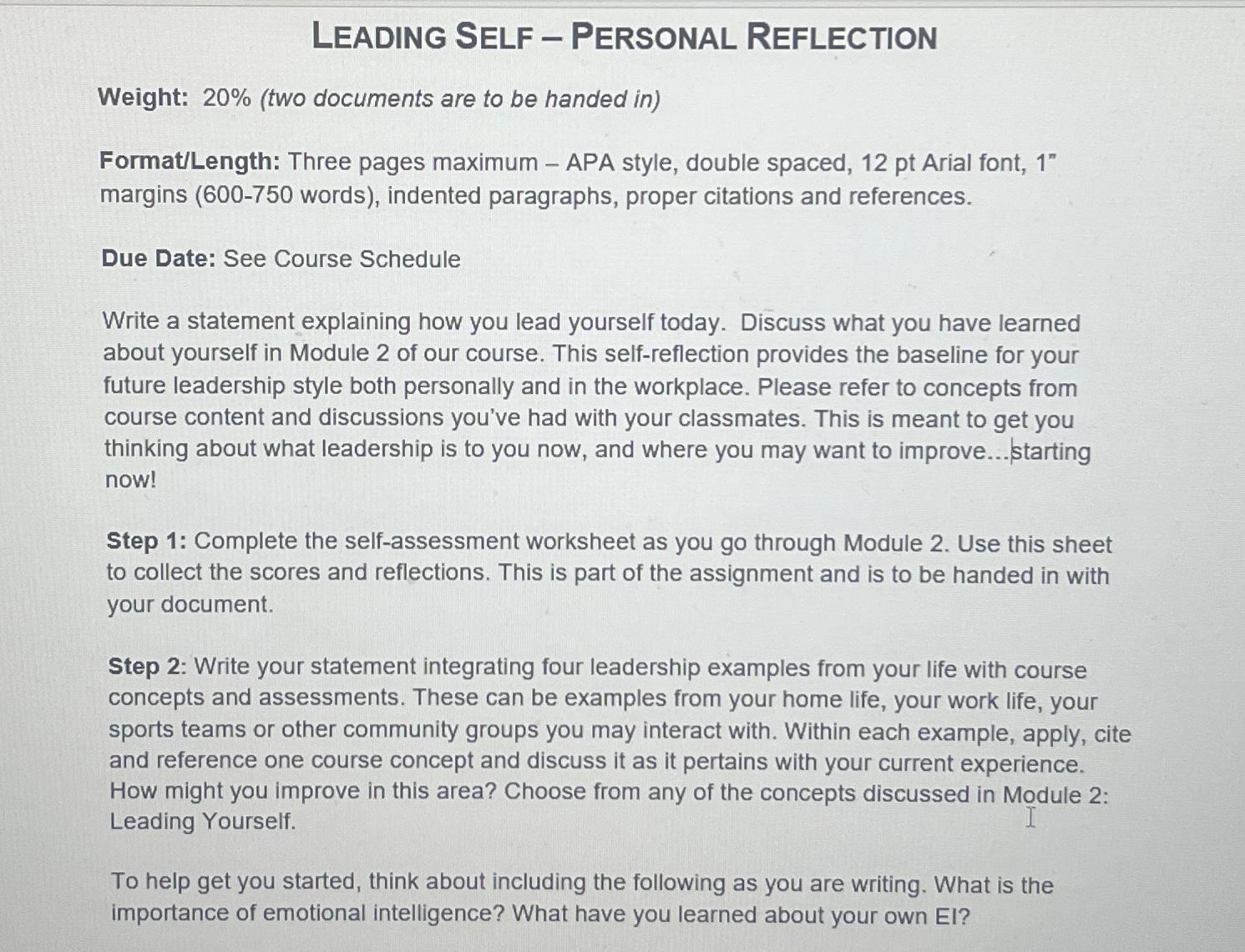  Leading Self - Personal Reflection Weight: 20%(two documents are to be