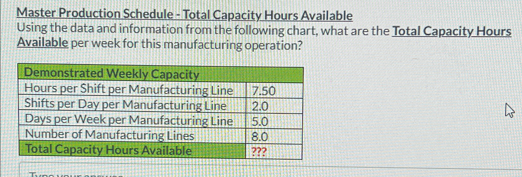 Master Production Schedule - Total Capacity Hours Available Using the data