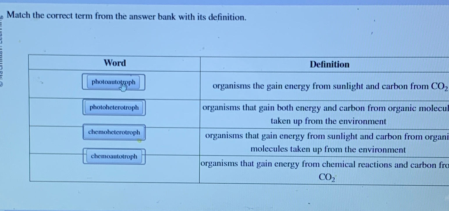  Match the correct term from the answer bank with its definition.