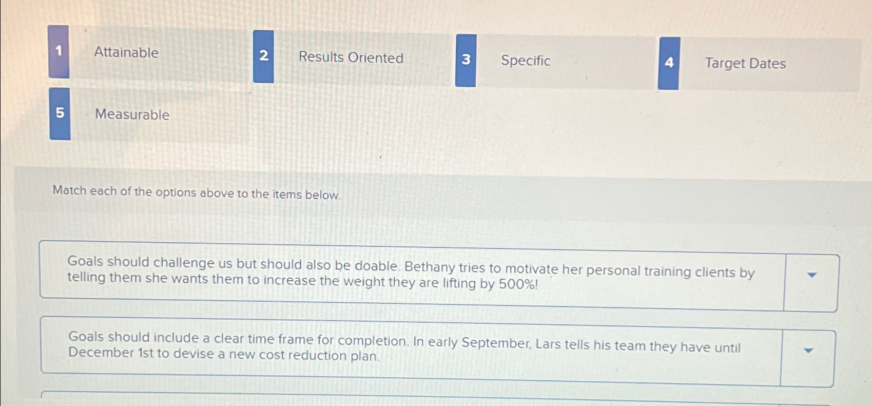  1 Attainable 2 Results Oriented 3 Specific 4 Target Dates 5