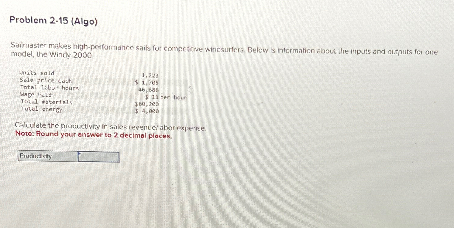  Problem 2-15(Algo) Sailmaster makes high-performance sails for competitive windsurfers. Below is