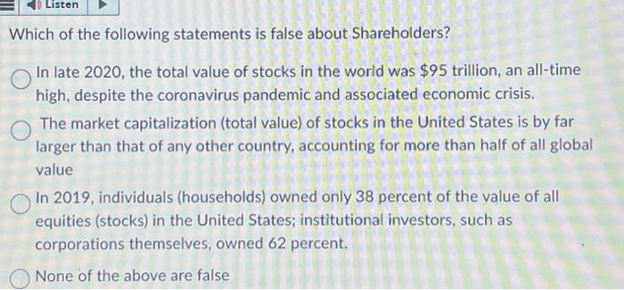  Please answer! Which of the following statements is false about Shareholders?