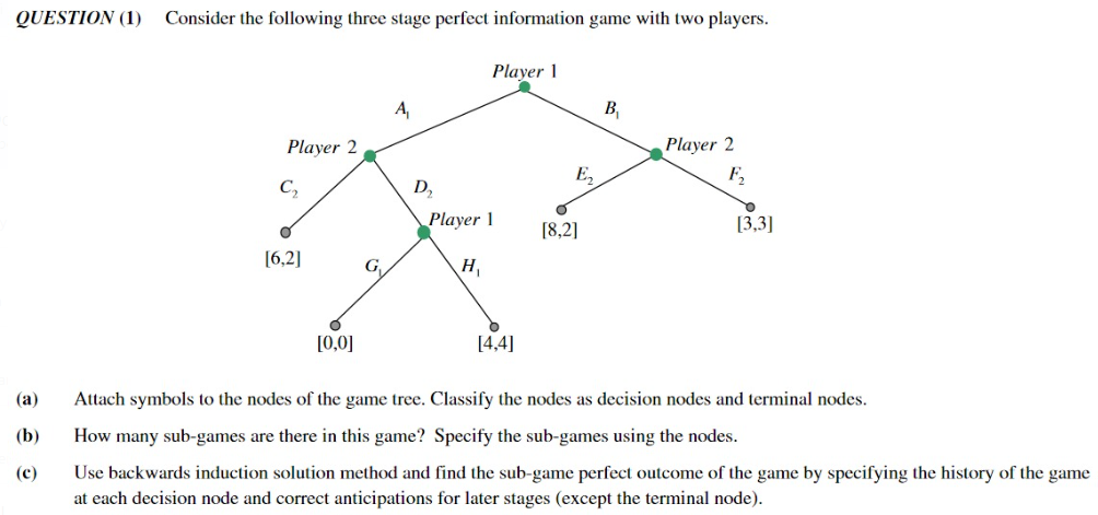 QUESTION (1) Consider the following three stage perfect information game with