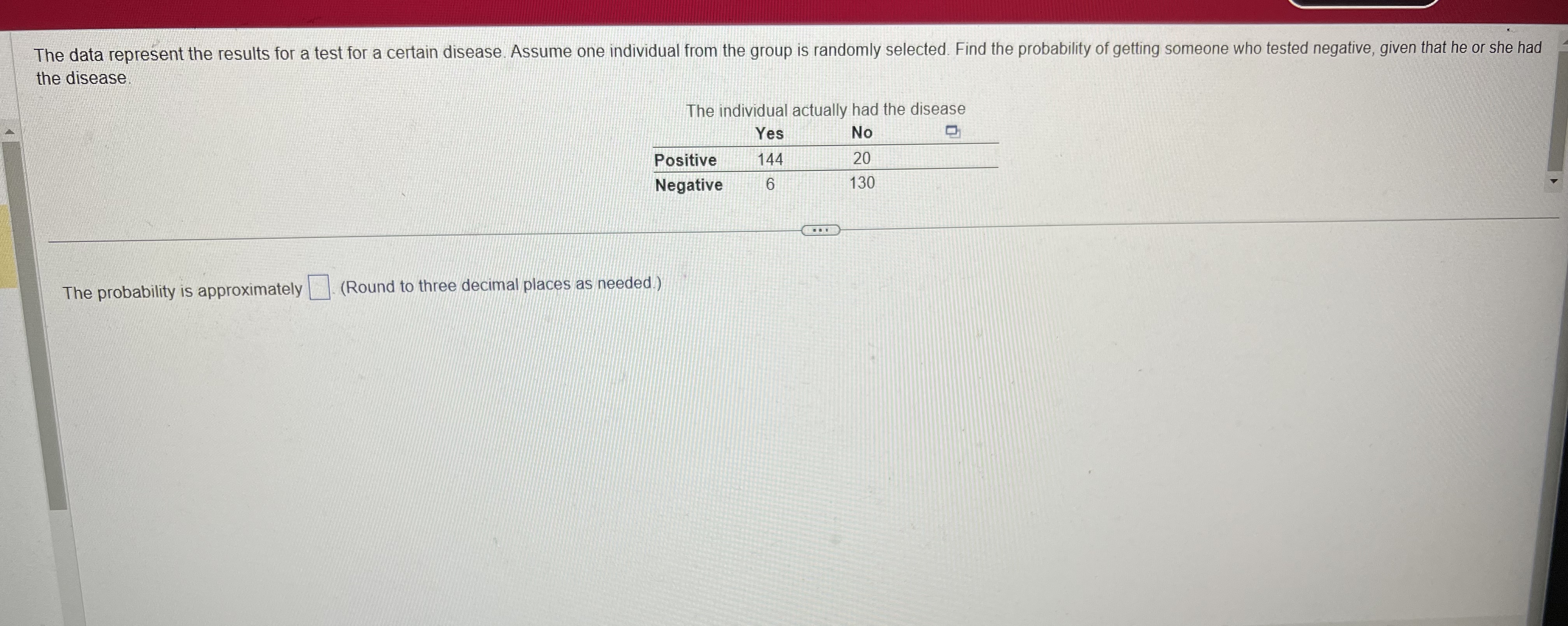  The data represent the results for a test for a certain