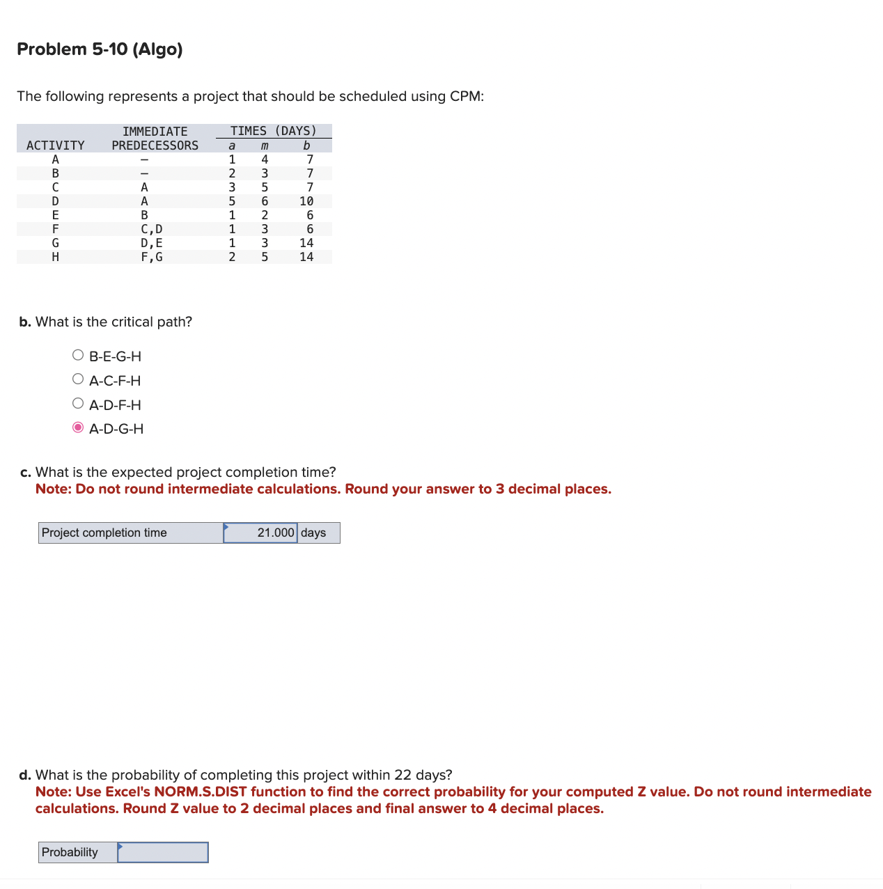  Problem 5-10(Algo) The following represents a project that should be scheduled