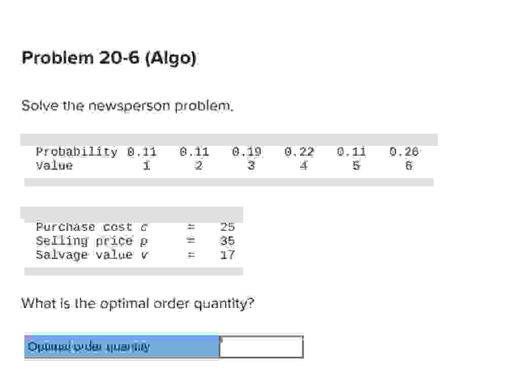  Problem 20-6(Algo). Solve the newsperson problem. What is the optimal order