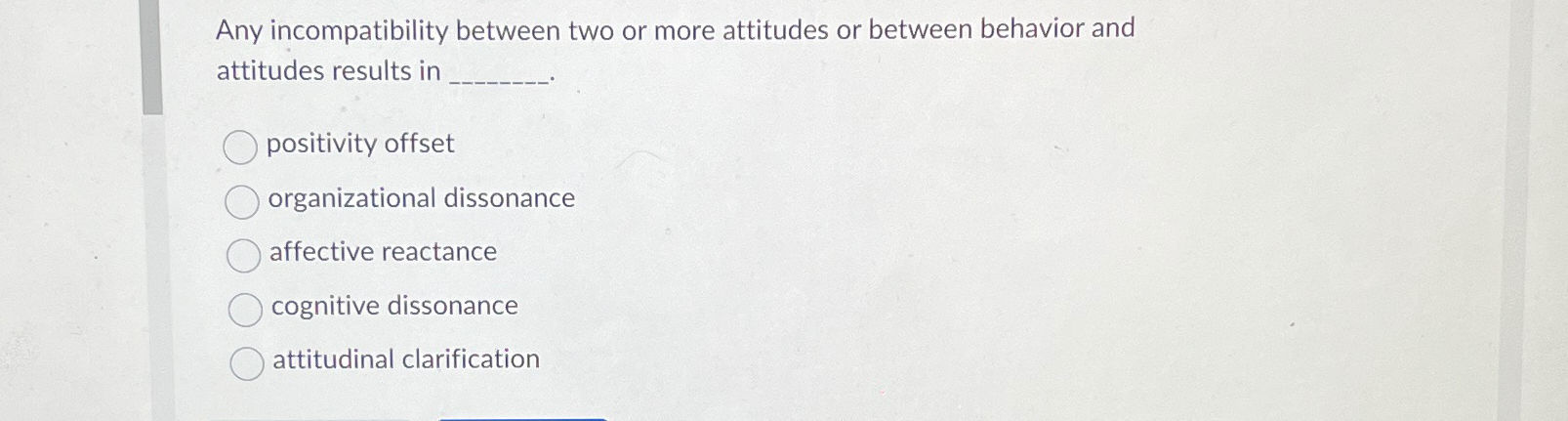  Any incompatibility between two or more attitudes or between behavior and