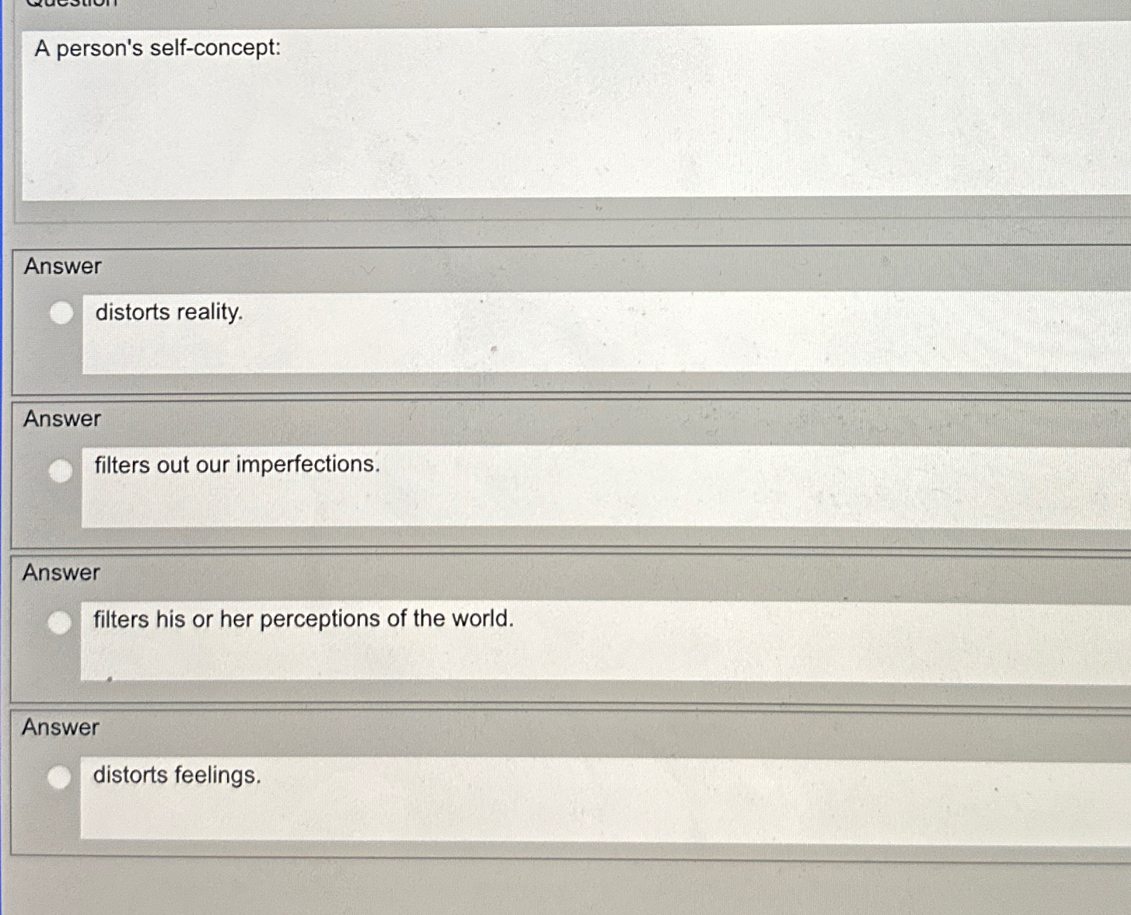  A person's self-concept: Answer distorts reality. Answer filters out our imperfections.