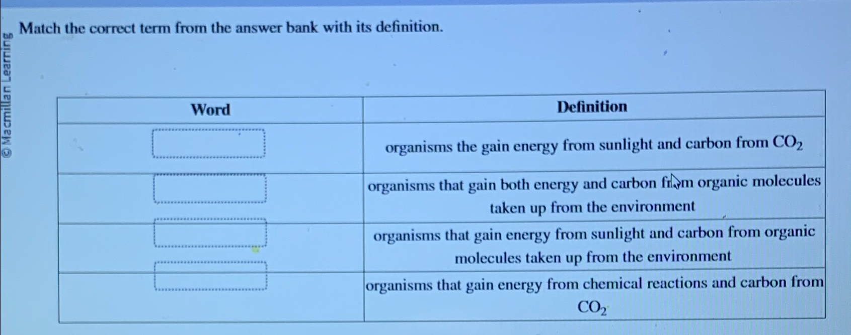  Match the correct term from the answer bank with its definition.