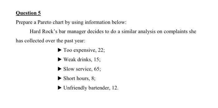  Question 5 Prepare a Pareto chart by using information below: Hard