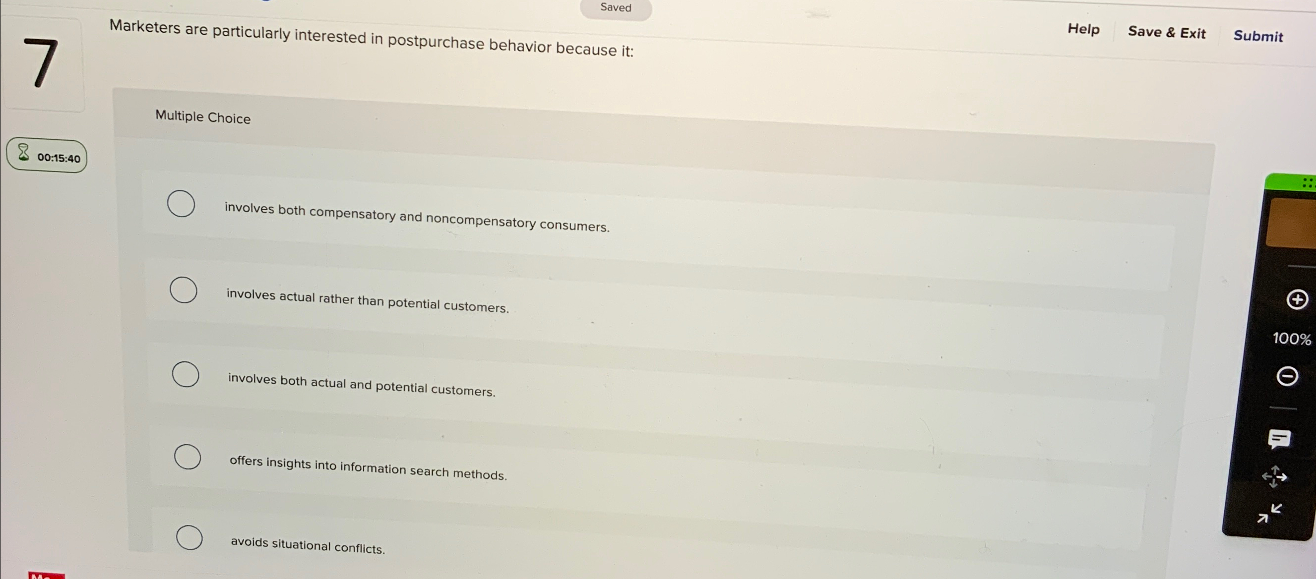  Saved Help Save & Exit Submit Multiple Choice 00:15:40 involves both