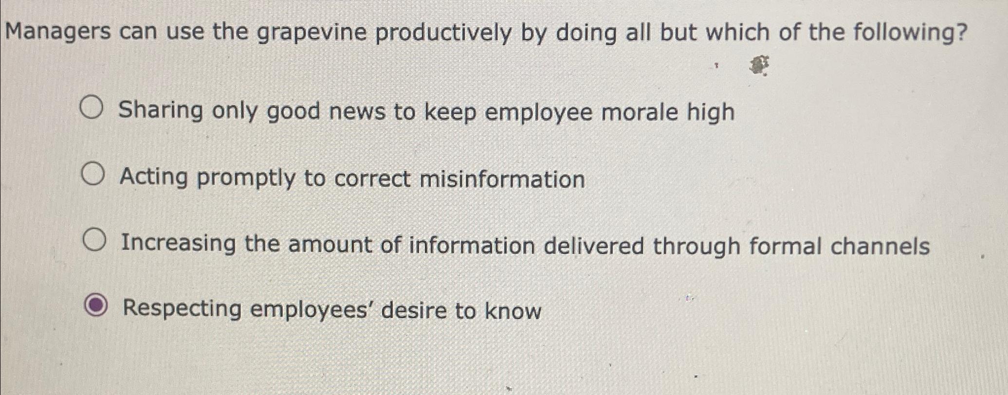  Managers can use the grapevine productively by doing all but which