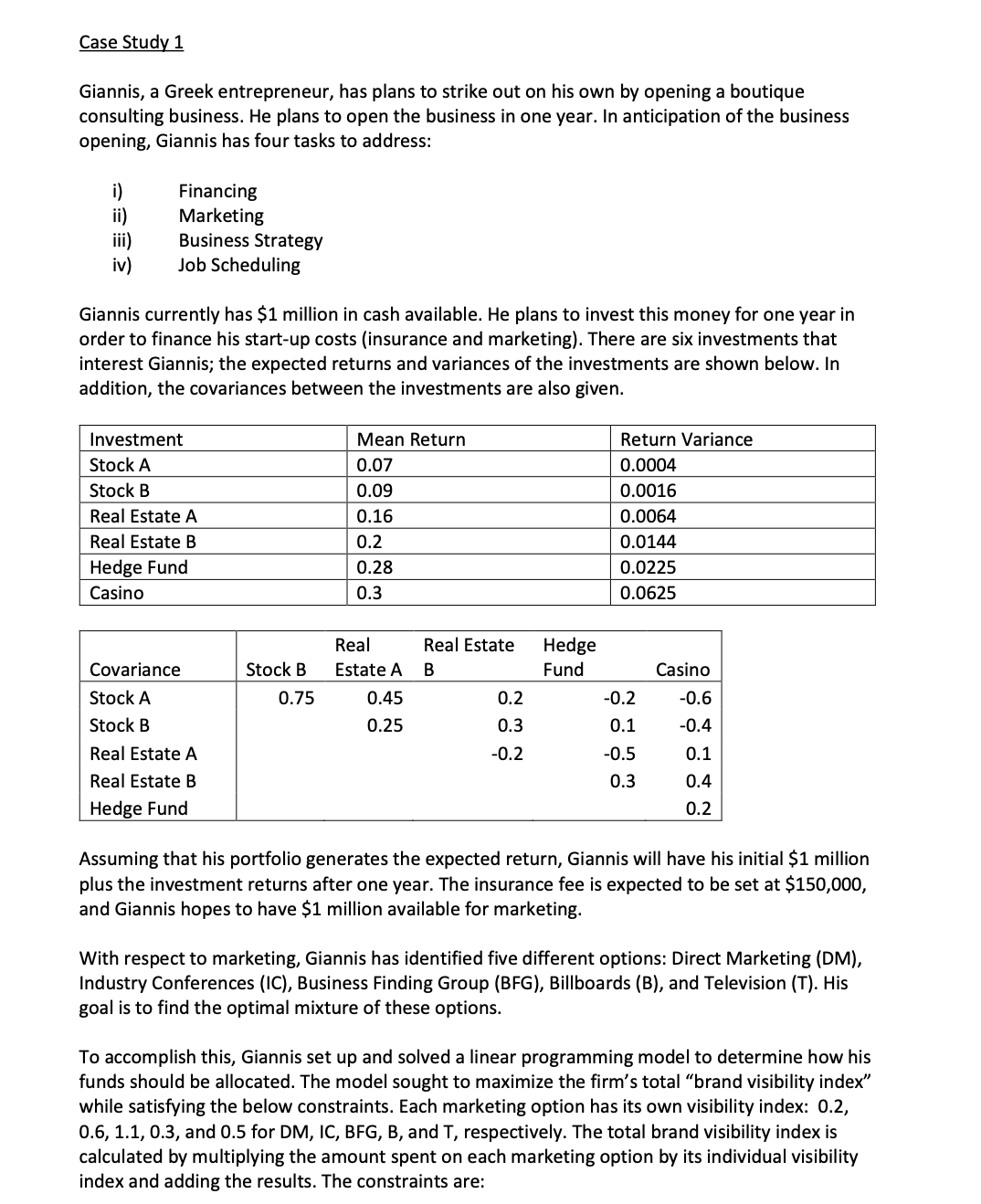 PLEASE USE EXCEL SOLVER AND INCLUDE SCREENSHOTS Case Study 1 Giannis, a