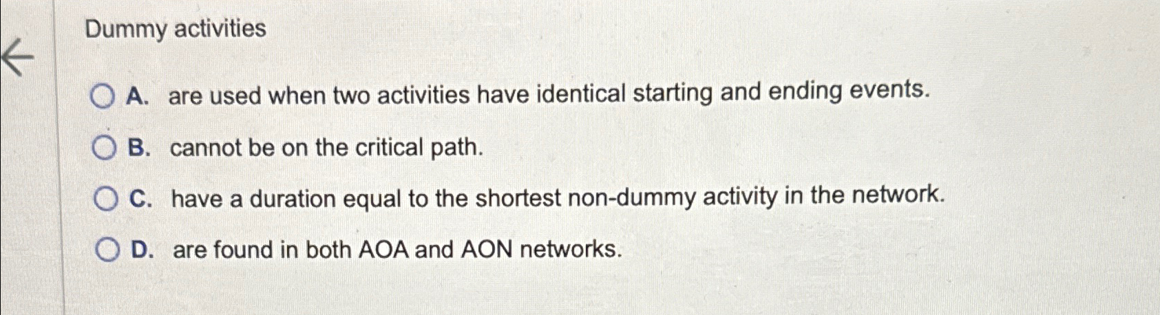 Dummy activities A. are used when two activities have identical starting