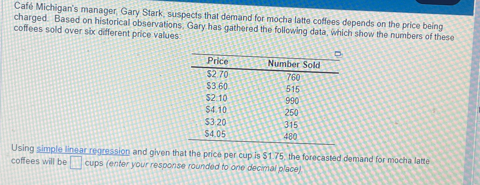  Caf Michigan's manager, Gary Stark, suspects that demand for mocha latte