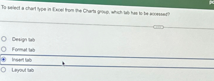  To select a chart type in Excel from the Charts group,