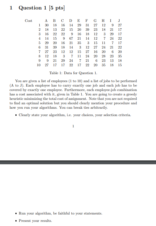  1 Question 1 [5 pts] Table 1: Data for Question 1.