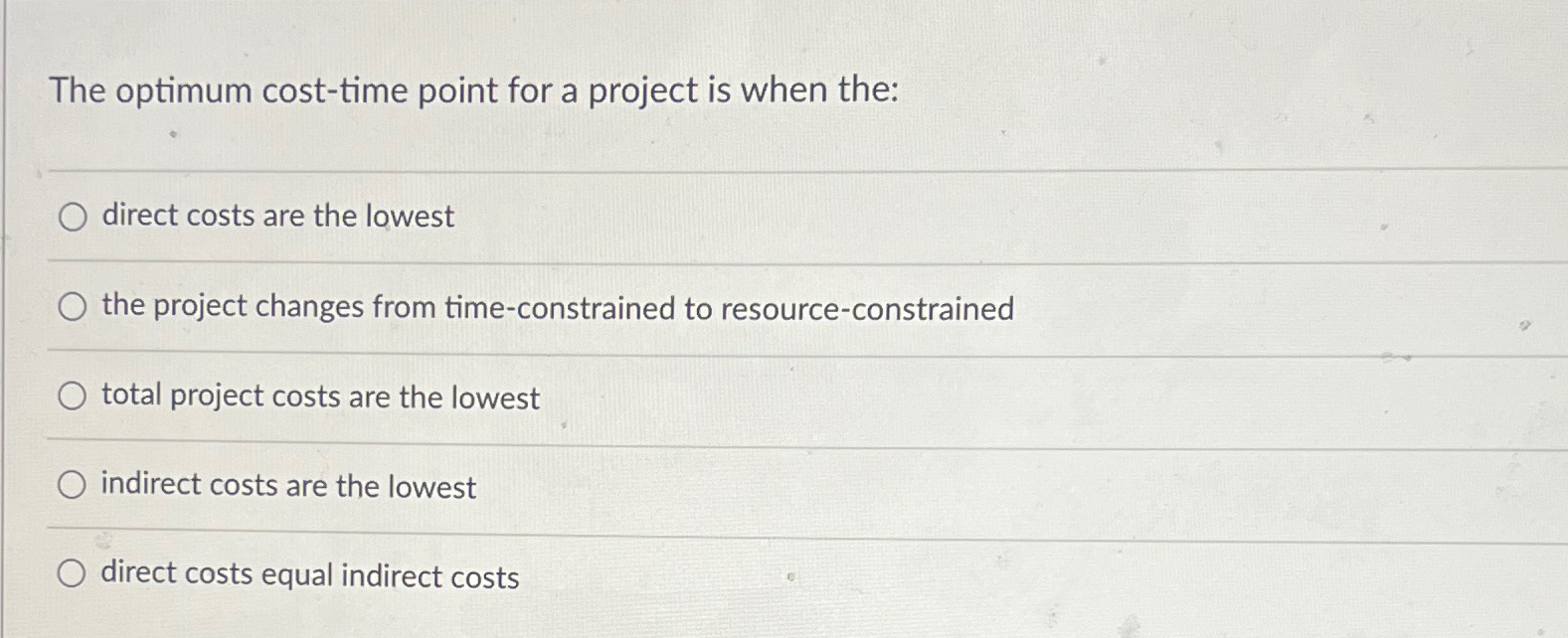 The optimum cost-time point for a project is when the: direct
