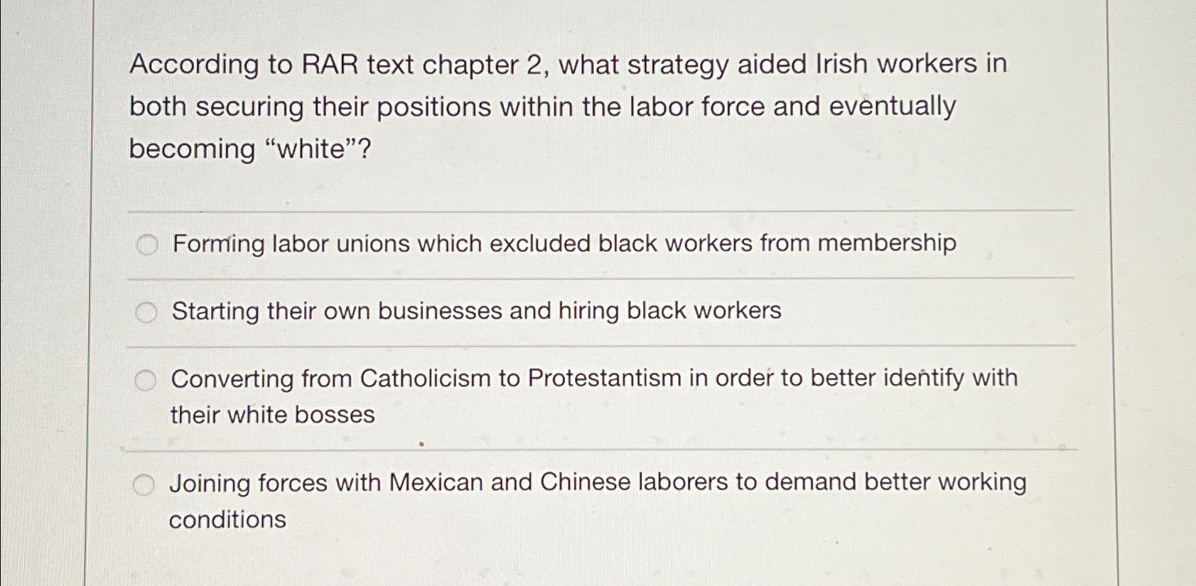  According to RAR text chapter 2, what strategy aided Irish workers