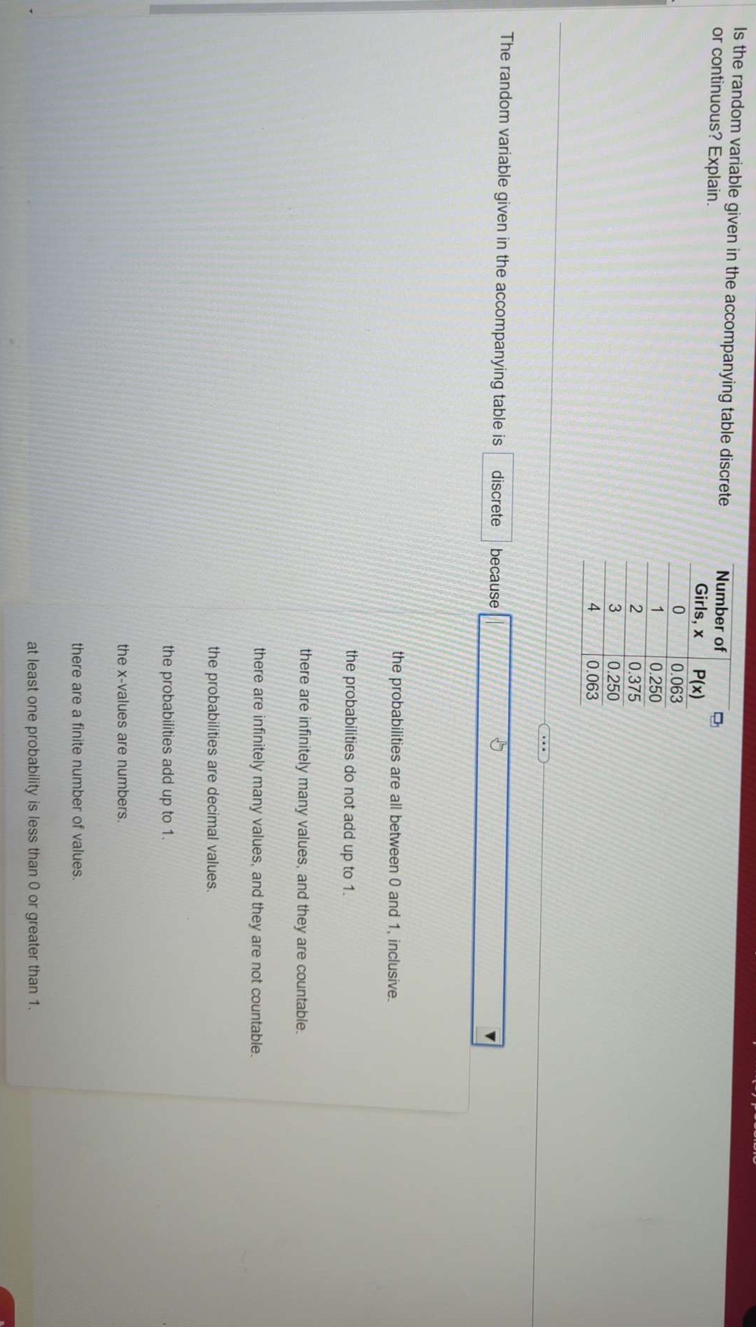  Is the random variable given in the accompanying table discrete Number