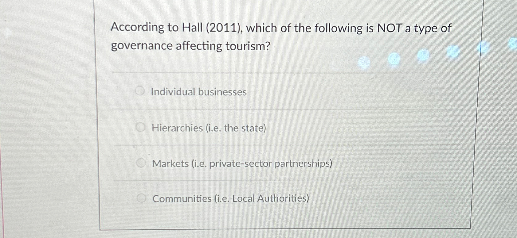  According to Hall (2011), which of the following is NOT a