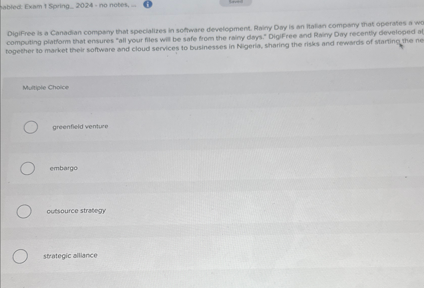  pabled: Exam 1 Spring_2024- no notes, ... i Saved Digifree is