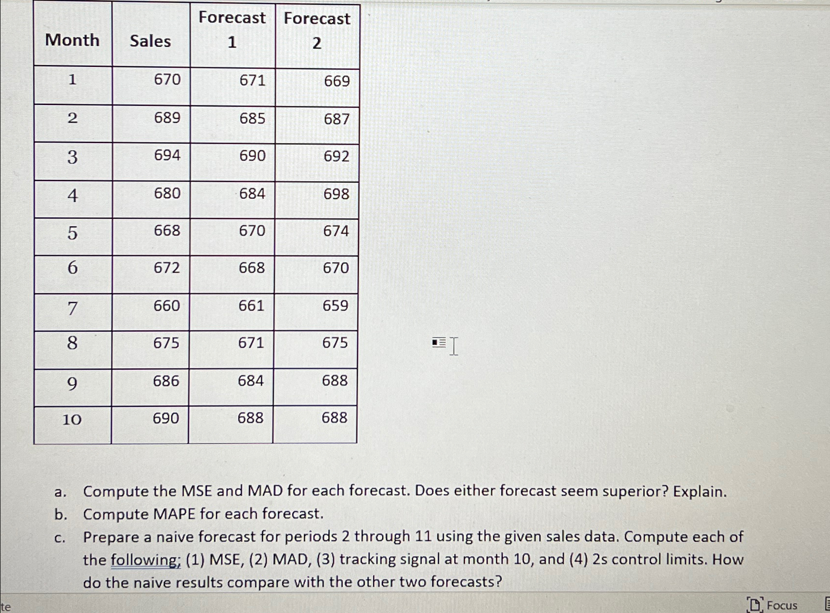  \table[[Month,Sales,\table[[1],[]],],[1,670,671,669],[2,689,685,687],[3,694,690,692],[4,680,684,698],[5,668,670,674],[6,672,668,670],[7,660,661,659],[8,675,671,675],[9,686,684,688],[10,690,688,688]] a. Compute the MSE and MAD for each forecast. Does