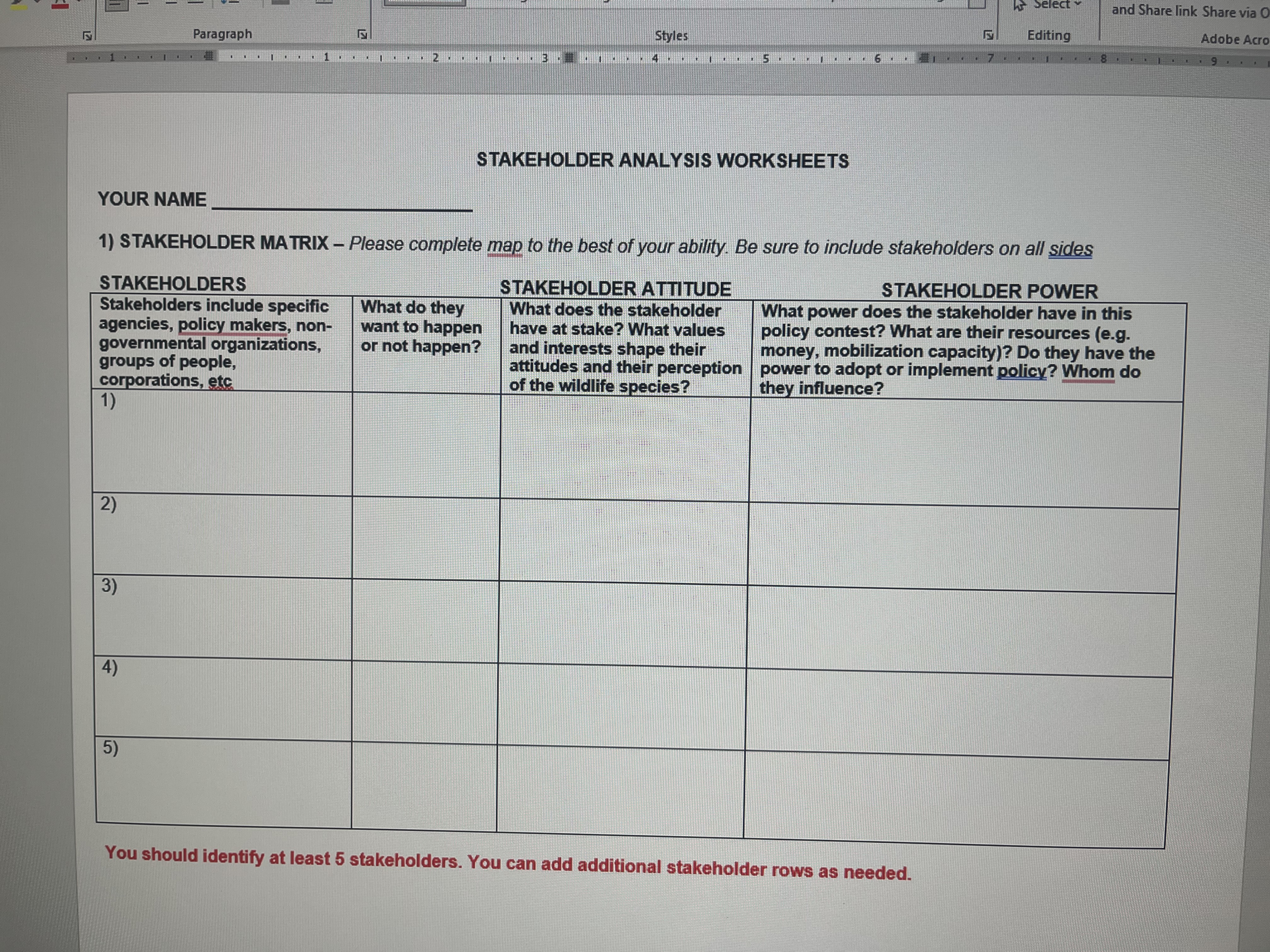  STAKEHOLDER ANALYSIS WORKSHEETS YOUR NAME __________________________ 1) STAKEHOLDER MATRIX Please complete