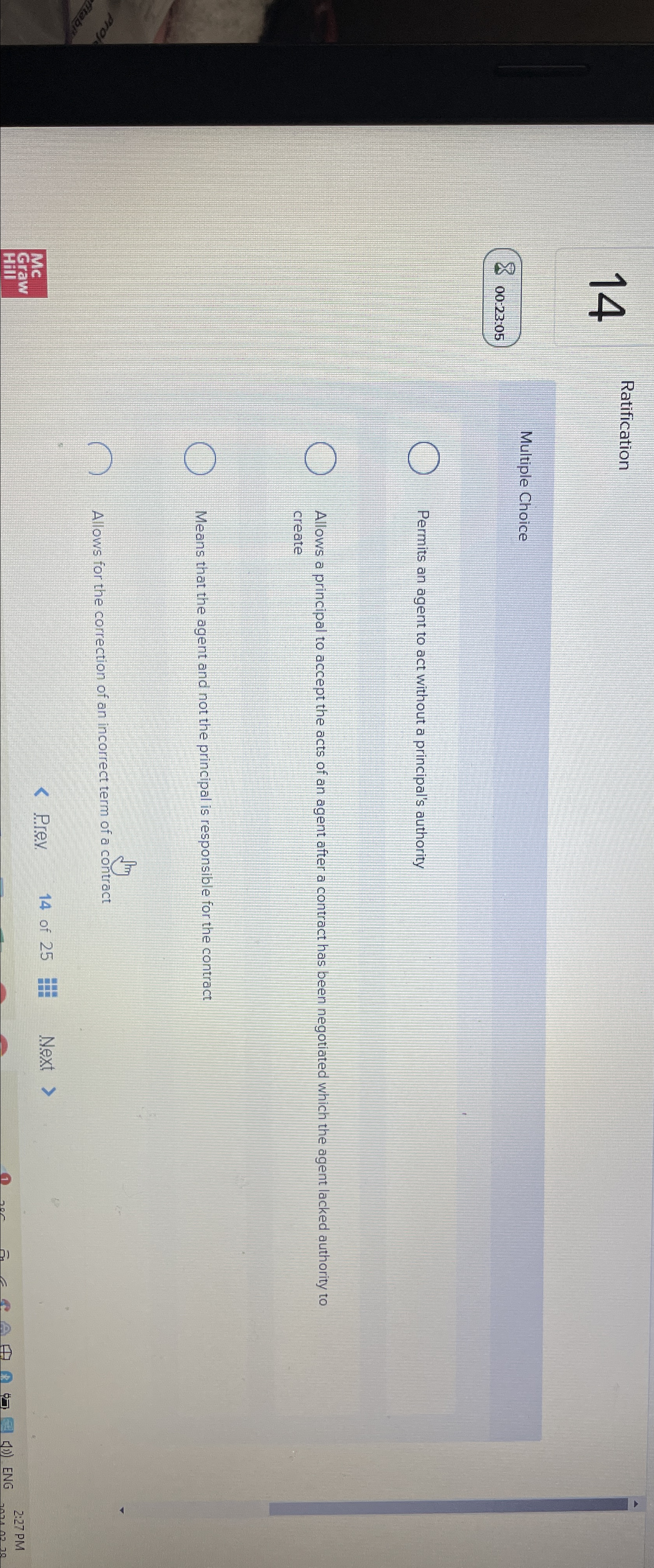  14 Ratification Multiple Choice Permits an agent to act without a