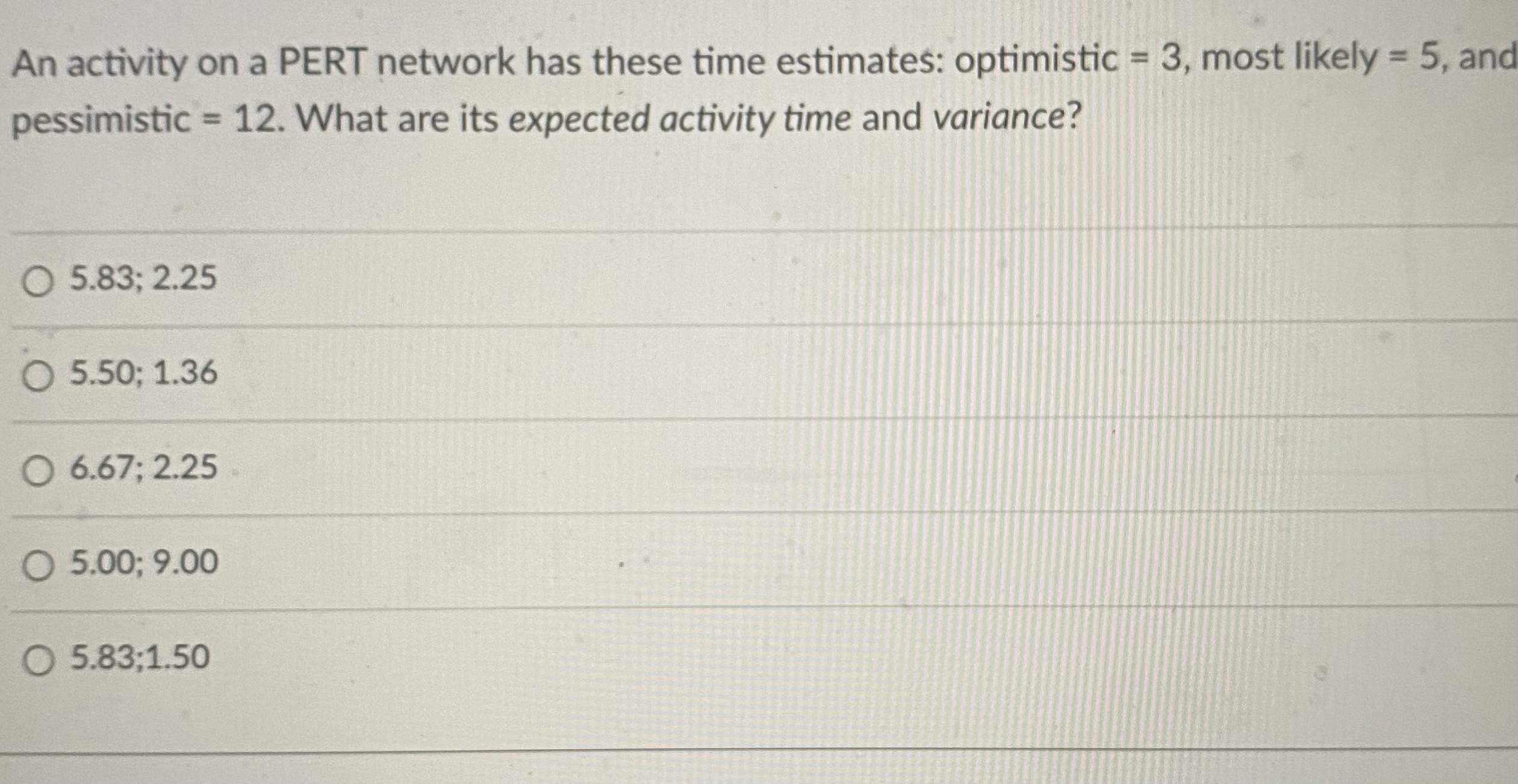  An activity on a PERT network has these time estimates: optimistic