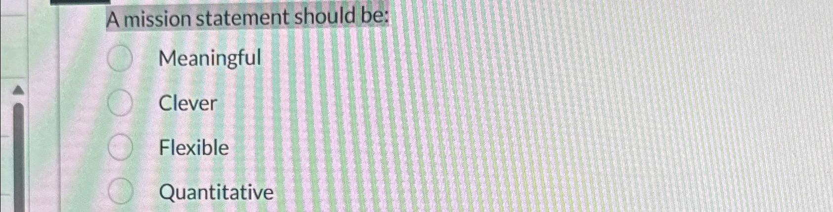  A mission statement should be: Meaningful Clever Flexible Quantitative 