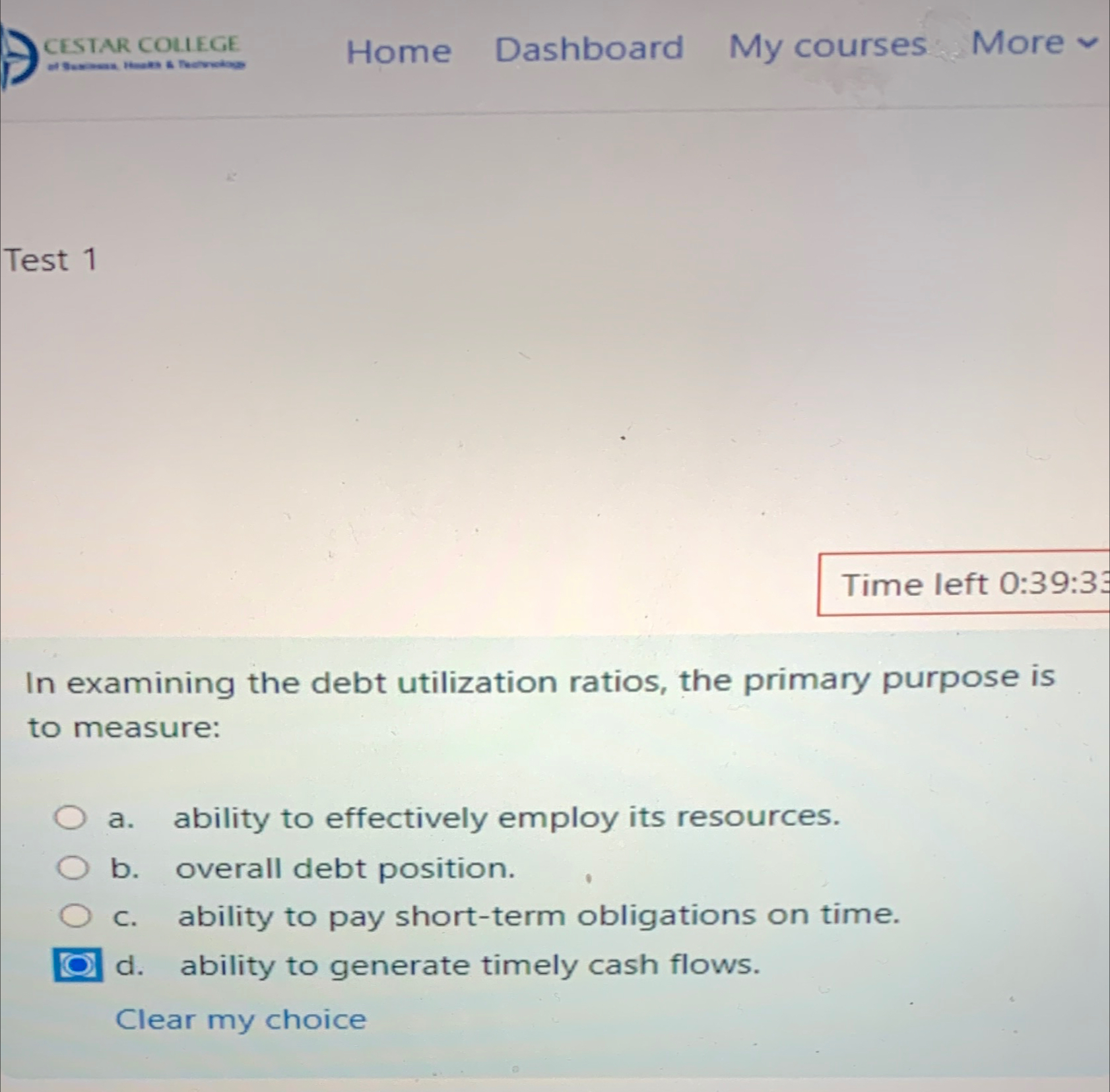  Test 1 Time left 0:39:33 In examining the debt utilization ratios,