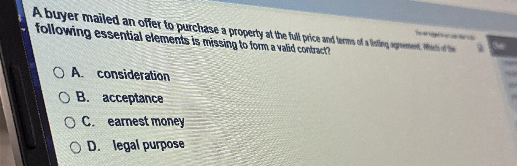  following essential elements is missing to form a valid contract? A.