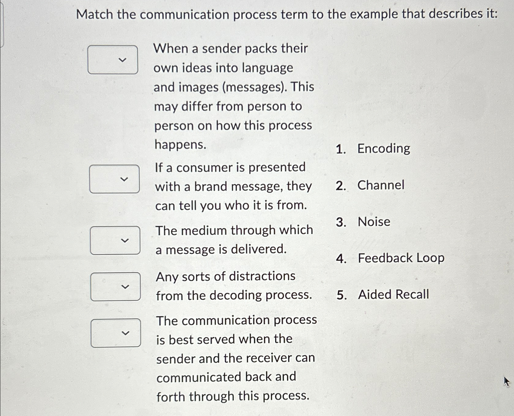  Match the communication process term to the example that describes it: