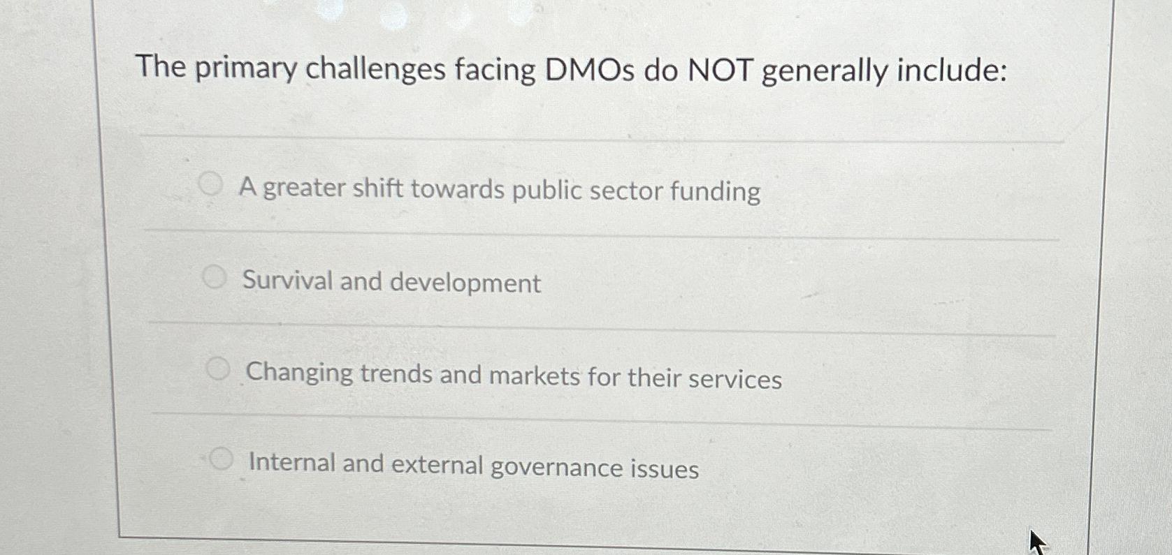  The primary challenges facing DMOs do NOT generally include: A greater